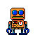 Pixel art robot with orange body, blue eyes, and yellow mouth; four variations show different arm positions including raised wrenches and closed fists.
