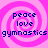 Four identical pink spiral backgrounds with dark blue text reading peace love gymnastics arranged in a