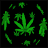 Animated contact sheet of 12 frames showing a green cannabis leaf icon with surrounding smaller leaves on black background, displaying motion through frame-to-frame changes in leaf positions and sizes.