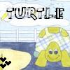 Pixelated yellow turtle with blue eyes and a smiling mouth sits in water beneath a white cloud containing the word TURTLE.