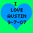 Two identical blue heart-shaped icons on green background with black text reading I LOVE AUSTIN 9-7-07.