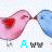 Two stylized birds with red hearts on their chests kiss, one pink and one blue, against a light background with pixelated text below.