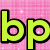 Pixelated green lowercase 'bp' letters with black outlines on a pink checkered background featuring small white sparkles.