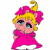 Pixelated cartoon character in pink dress with yellow hair and pink bow on white background, next to green text logo reading 'Original Icons .com' on dark green background.