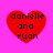 Four red heart-shaped icons with dark text on a bright pink background, each displaying "danielle and ryan" in pixelated font.