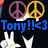 Pixelated icon with two peace signs above blue text reading 'Tony!!!<3' and white hand gestures below on dark background.