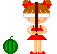 Pixel art of a blindfolded girl in red outfit holding various objects with watermelons nearby.