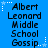 Blue background with repeated text "Albert Leonard Middle School Gossip" in black pixelated font, surrounded by white star and dot decorations.