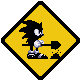 Four yellow diamond-shaped signs with black borders show Sonic the Hedgehog in pixelated animation, each frame depicting a different pose of digging with a shovel.