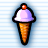 Pixelated ice cream cone with light purple scoop, orange-brown waffle cone, and red cherry on top against striped background.