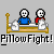 Pixel art animation of two figures on a bed with pillows, showing pillow fight actions and text bubbles.