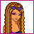 Pixel art contact sheet of a female character with long braided hair and pink text phrases across six frames showing full body, torso, legs, and sequential text lines.