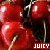 Red cherries with green stems arranged in a pattern, each cluster overlaid with the word 'JUICY' on red rectangular backgrounds