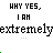Animated sequence of text and symbols on a white background with green accents, displaying phrases like 'WHY YES. I AM' and 'extremely' in black font.
