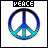 identical peace symbol icons with blue and cyan gradient borders, each labeled "PEACE" in black text on a white background