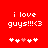 Red background with white pixelated text 'i love guys!!!<3' and five heart symbols, where the third heart is pink in one view.
