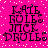 A static image with a bright pink background and white pixelated dots, displaying four identical text blocks in black pixelated font reading "KATE RULES JACE DRULES" arranged in a