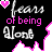 Pixelated graphic with black background, pink and white text reading 'fears of being alone', two heart icons at top corners, jagged pink border on right side.