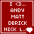 Red square icon with white text listing names and a heart symbol, showing animation changes in the heart and final character.