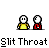 Pixel art animation of two figures with white faces and black eyes, one in yellow shirt and red pants, the other in red shirt and red pants, performing a slitting motion with red splatter effects.