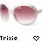 Pixelated pink gradient sunglasses with rounded lenses and light gray frames, displayed alongside text elements featuring 'Trixie' and heart symbols.