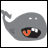 Pixelated gray whale with white eyes, orange mouth interior, and black teeth against a plain white background.