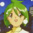 Pixelated anime-style character with green hair and white earrings against a blue background with white dots, next to black with white text