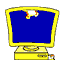 Animated yellow computer monitor with blue screen showing a white and red cartoon character in three states: small floating, large mid-screen, and full-body holding balloons.