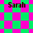 Four instances of the name 'Sarah' appear over a shifting green and pink checkered background with diamond-shaped patterns.