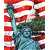 Static pixelated image of a stylized figure with red and white striped background, green foliage, and blue-green body against a gray transparency grid.