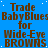 Blue background with repeated brown text reading "Trade BabyBlues for Wide-Eye BROWNS" in pixelated font, scattered white dots, and a gray rectangle in the bottom-right corner.