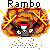Pixelated graphic shows 'Rambo' text above a fiery explosion with yellow sparks and green debris, featuring a skull wearing red-and-white headgear.
