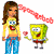 Pixelated image of a woman with long brown hair wearing a yellow shirt with a cartoon character and blue jeans standing next to a yellow cartoon sponge holding a red flower.