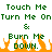A static contact sheet of two identical animated frames showing pixelated green text over orange flames on a white background.
