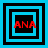 Four square display red 'ANA' text within nested blue and black borders on a cyan background, with varying border configurations across the