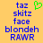Yellow background with blue pixelated text reading taz skitz face blondeh RAWR and a green heart symbol above the first 'taz'.