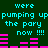 Green background with cyan text repeating 'were pumping up the pary now !!!!' and pink horizontal bars in two