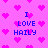 Pixelated pink background with scattered heart shapes and blue text reading "I LOVE HAILY" in multiple positions.