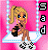 Pixelated character with blonde ponytail, blue eyes, and brown skin stands on white platform against pink background holding black object.