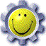 A static contact sheet of three identical yellow smiley face icons with gear-shaped borders, each featuring a simple black line drawing on a white background.