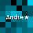 Pixelated of blue and black squares with four instances of the name 'Andrew' in white text