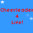 Blue background with repeating red text 'Cheerleader' and 'Life!' above a number 4, scattered white stars.