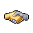 Pixel art of two hands clasped in a handshake, rendered with yellow-orange and gray tones on a solid light gray background.