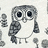 Pixelated owl with large black eyes and gray-brown feathers stands against light background, red text list on right.