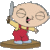 Pixelated cartoon character with large round head, closed eyes, and open mouth holding a sword-like object on a brown base.