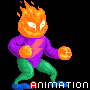 Pixel art character with orange flame head, purple torso, green legs, and blue shoes in a fighting pose holding an orange ball.