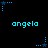 Pixelated blue text 'angela' appears in three on a black background, with small star-shaped icons and dotted lines above and below the text