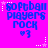 Pixelated blue text on bright pink background with white stars and dotted lines, showing 'softball players rock' repeated three times in two