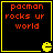 Four identical square with black backgrounds, yellow borders, red text reading "pacman rocks ur world," and a yellow Pac-Man icon in the bottom-right corner of each