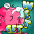 Animated contact sheet of a pink cartoon character with large eyes and open mouth saying "WE GET WET" in stylized text against a teal background.